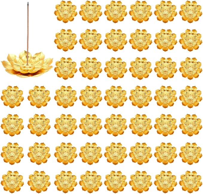 Kifmurase 50Pcs Incense Holder with Stick Tray, Gold Lotus Sticks Incense Burner, Cone Burner Ash Collector for Home Fragrance Yoga Sauna SPA, Anti Ash Spilling