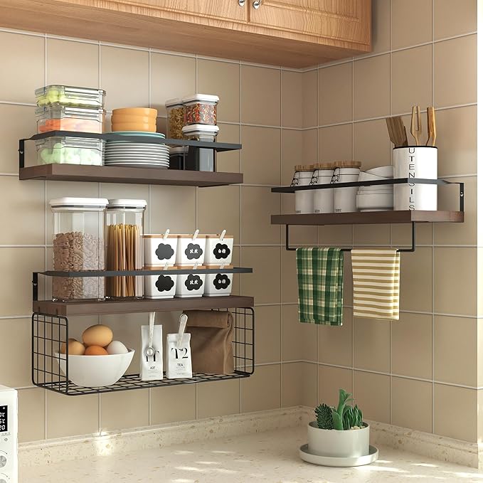 Wood Floating Shelves Wall Mounted - 3+1 Tier Rustic Bathroom Shelves Over Toilet with Wire Storage Basket &Towel Bar, Set of 3 Farmhouse Floating Shelf for Bathroom,Kitchen,Bedroom,Dark Brown.