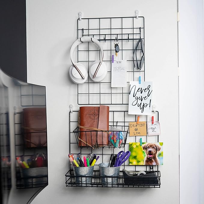 ODOXIA Hanging Baskets & Hooks Rack | Wall Grid Accessories for Wire Wall Grid Panel | Grid Panel Accessories | Wire Wall Baskets & Hanging Hooks