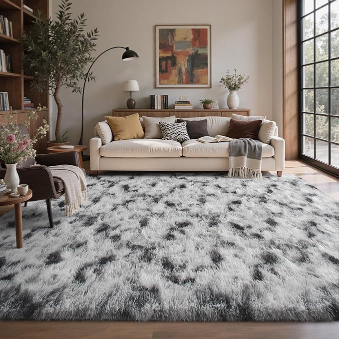 8x10 ft Fuzzy Rugs for Living Room,Black and White Bedroom Area Rug Non-Slip,Carpet for Nursery Kids PlayRoom Indoor Modern Plush Carpets
