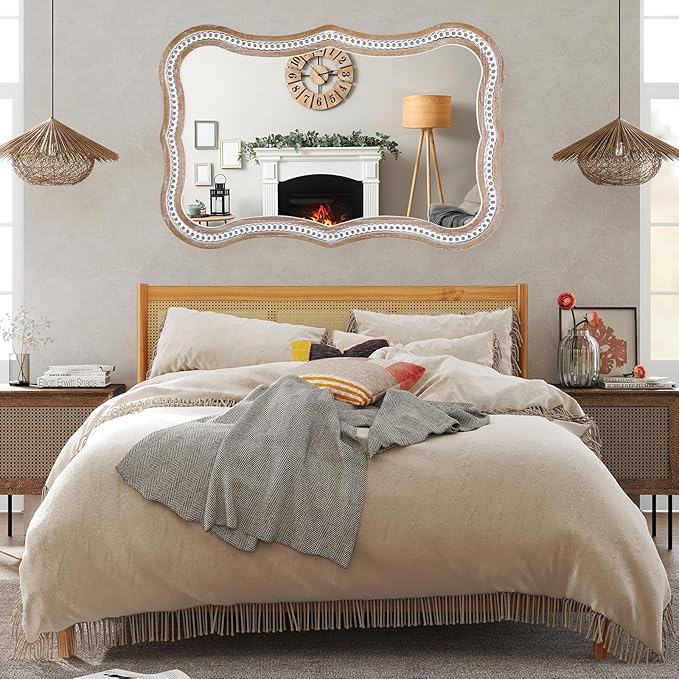 35x24 Inch Wooden Mirror for Wall, Farmhouse Rustic Wavy Frame Mirror Decorative for Bathroom Over Sink, Entryway, Living Room, Bedroom (Vertical/Horizontal)