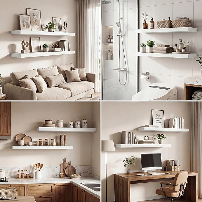 Dreamland 48 Inches Floating Shelves for Wall, 9.3" Deep Long Floating Shelves Set of 1, Large Display & Storage Shelf, Wall Shelf for Bathroom Bedroom Living Room Kitchen Office, White