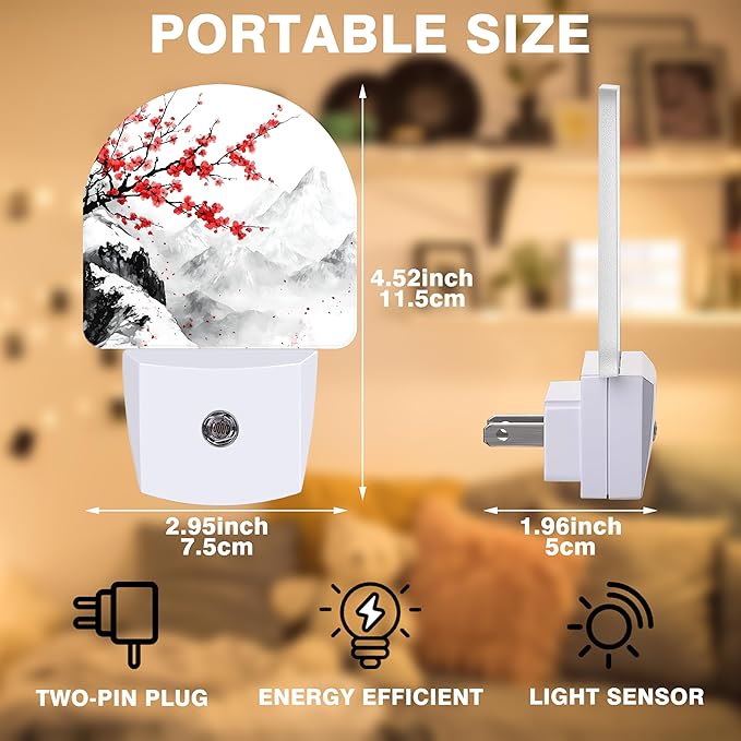 Night Light, Plum Blossom and Snow Mountain Night Lights Plug into Wall Dusk to Dawn Sensor Round Nightlight for Women Men Energy Efficient Led Lamp 0.5W for Stairway Hallway Bedroom