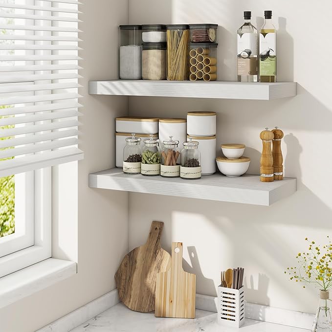 Fun Memories 24 Inch Floating Shelves, 9.3 Inch Deep Rustic Wall Shelves - Extra Deeper Wall Mounted Storage Shelves for Bathroom, Kitchen, Living Room (White, Set of 2)