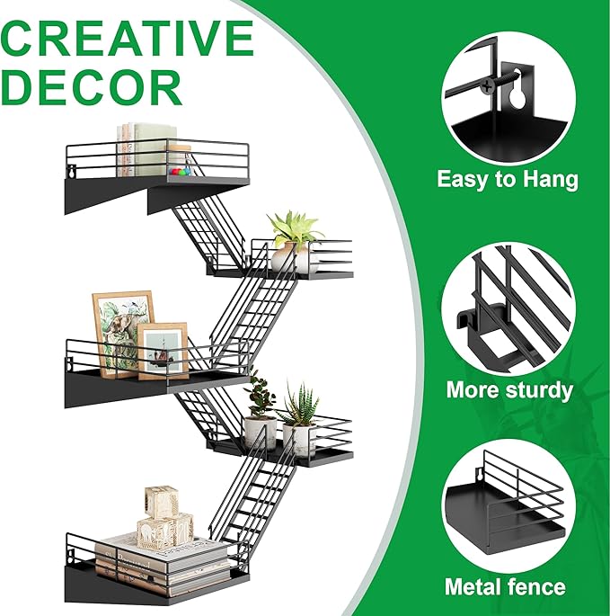 Fire Escape Shelf - 5 Tier Large Metal Black Fire Escape Wall Shelves with Baskets, New York Action Figurine Display Shelf, Unique Rustic Floating Decorative Wall Shelves for Home