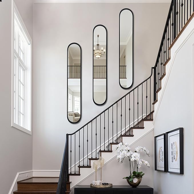 OUSHUAI Black Full Length Oval Mirror, 3-Pack Narrow Capsule Long Mirrors with Metal Frame for Dressing, Hallway, Living Room, Entryway Wall Decor