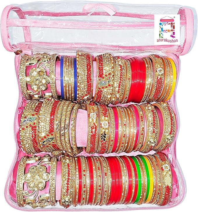 atorakushon Satin 3 Rods Jewellery Bangle Storage Box Chudi Set Organizer Zipper Makeup Pouch Travelling Bag for Women (Pink | Pack of 1)