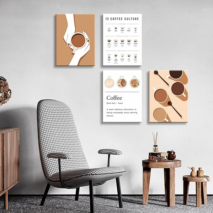 NCYEL 4pcs Modern Minimalist Coffee Wall Art Kitchen Coffee Shop Pictures Simple Home Decor Aesthetic Posters Neutral Brown and Beige Bar Decor 8x10 Inch unframed