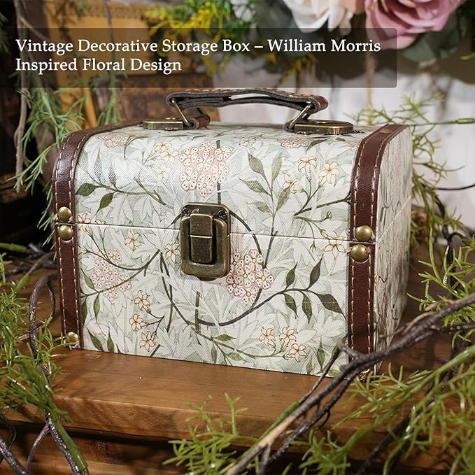 Vintage Decorative Storage Box with Handle, Retro Floral William Morris Keepsake Organizer Chest for Jewelry, Trinkets, Gift Packaging and Home Decor, 7 x 5.6 x 4.7 Inch