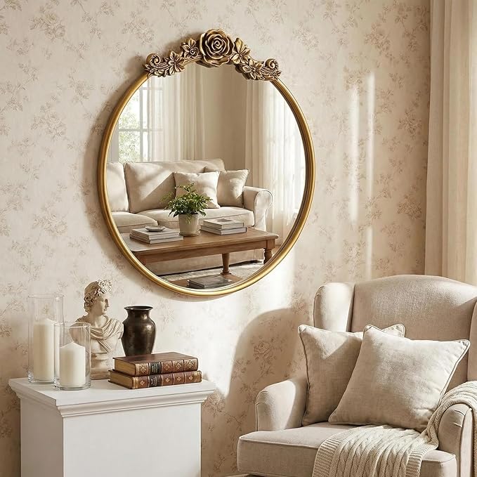 Vintage Baroque Round Wall Mirror 20" Circle Ornate Gold Mirror for Bathroom Antique Carved Frame Accent Mirror for Living Room Bedroom Entryway Vanity