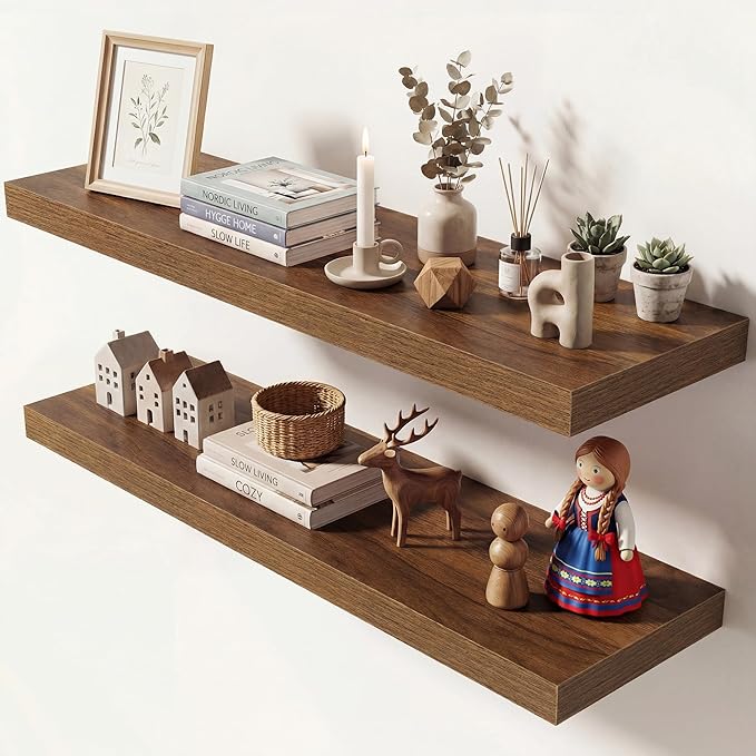 Dreamland 36 Inches Floating Shelves for Wall, 9.3" Deep Long Floating Shelves Set of 2, Large Display & Storage Shelf, Wall Shelf for Bathroom Bedroom Living Room Kitchen Office, Walnut