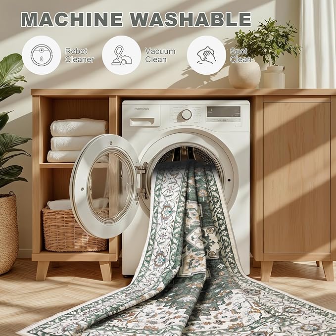 2x3 Area Rugs Living Room Rug: Washable Vintage Boho Medallion Rug No Slip Stain Resistant Soft Carpet Indoor Large Carpets for Bedroom Dining Room Farmhouse Nursery Hallway Home Office Green Ivory