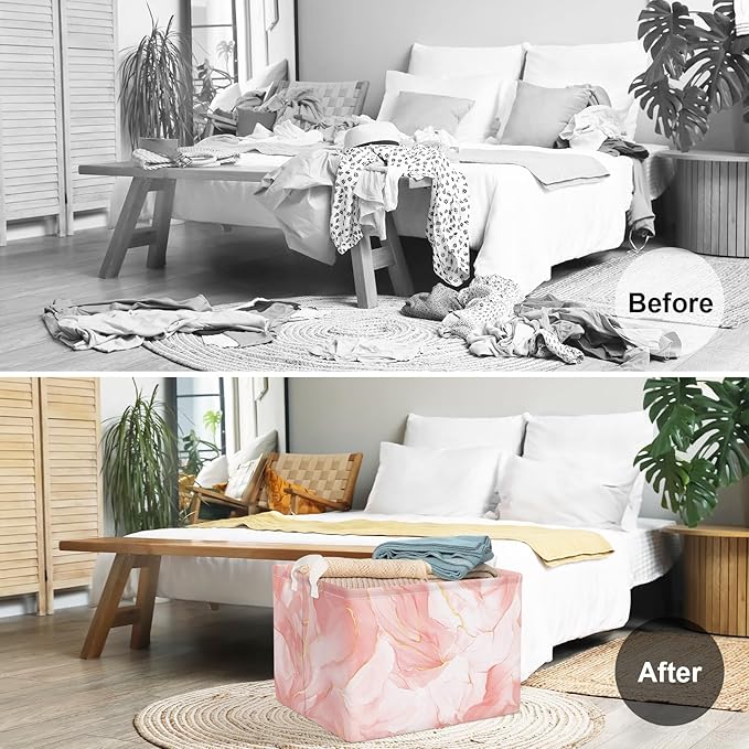 Clastyle Large Marble Baby Girl Gift Storage Basket Collapsible Kid Clothes Book Shelf Basket Toy Nursery Bin, Pink, 40 * 30 * 30 cm