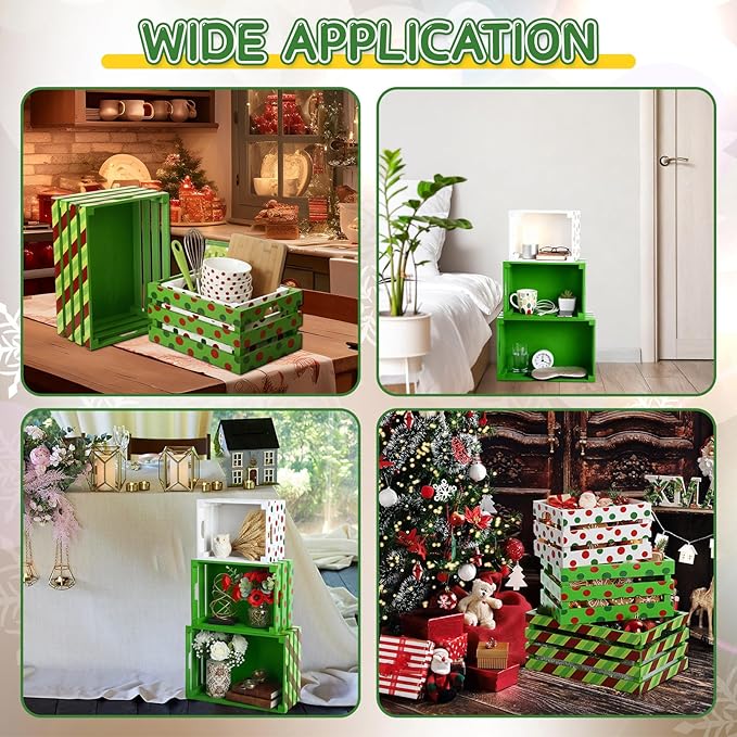 Novabright 3 Pcs Christmas Wood Crates 13'' 11'' 9'' Decorative Rustic Nesting Crate with Handle Farmhouse Wood Storage Basket Gift Boxes for Winter Display Candy Craft Pet Holiday Decor(Clean Style)