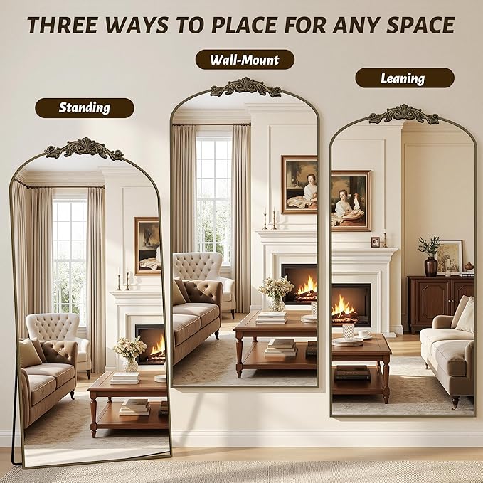 Vintage Full Length Mirror,72"x44" Arched Antique Floor Mirror with Carved Metal Frame,Large Standing Wall Mounted or Leaning Mirror for Bedroom Living Room Entryway,Bronze