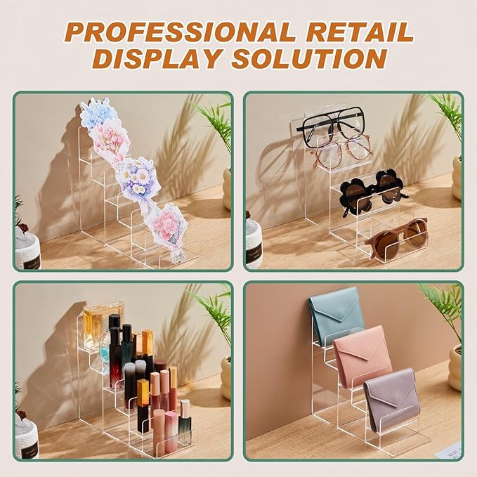 Kathfly 2 Pack 6-tier Acrylic Display Stand for Purses & Wallets, Clear Riser Organizer Shelf for Perfume, Sunglasses, Cosmetics, Multi-Tiered Countertop Vendor Display for Craft Fairs, Retail