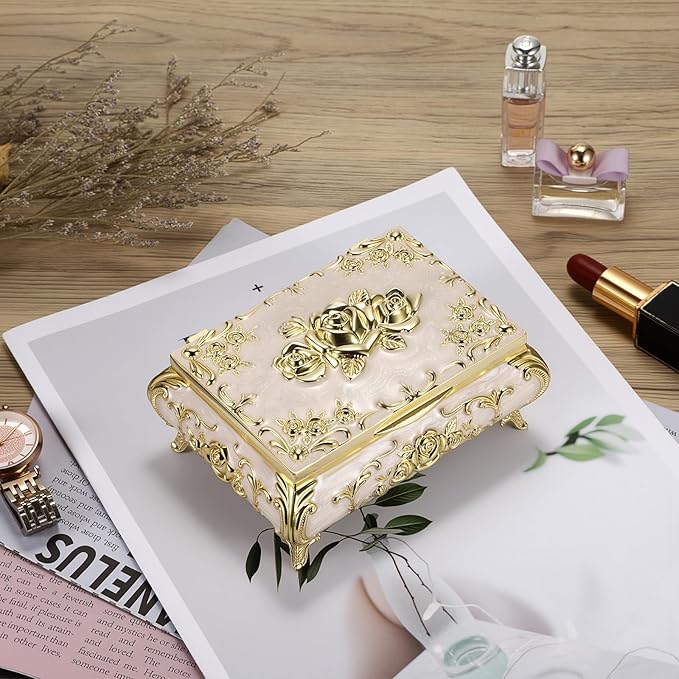 Hipiwe Metal Jewelry Organizer Box Antique Decorative Treasure Chest Keepsake Storage Case for Rings Earrings Holder Gift for Women, Medium