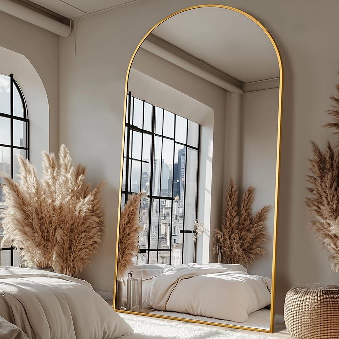 Antok Full Length Mirror, 44"x82" Floor Mirror with Stand, Hanging Mounted Mirrors for Bedroom, Living Room, Cloakroom, Dining Rooms, Gold, Arched