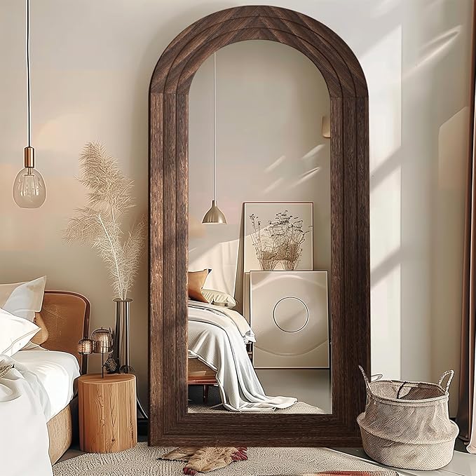 ZHUNFA Arched Full Length Mirror with Solid Wood Frame, 71x32 Farmhouse Wall Mounted Floor Mirror with Stand, Vertical Hanging, Leaning Standing for Bedroom, Living Room, Brown