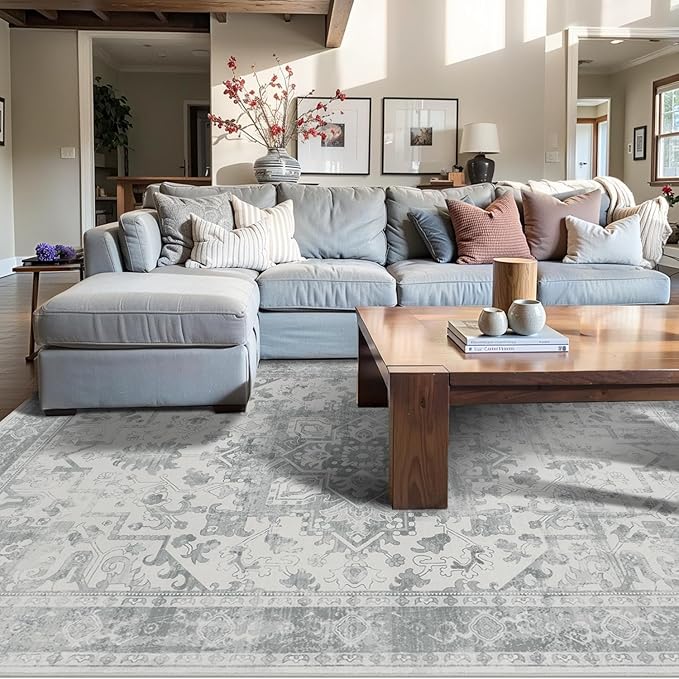 Rugxara Washable Area Rug for Living Room, Neutral Vintage Boho Rugs for Office, Dining Room, Kids Room, Farmhouse, Durable Low Pile Non Slip Carpet for High Traffic Areas, Light Grey(4x6ft)