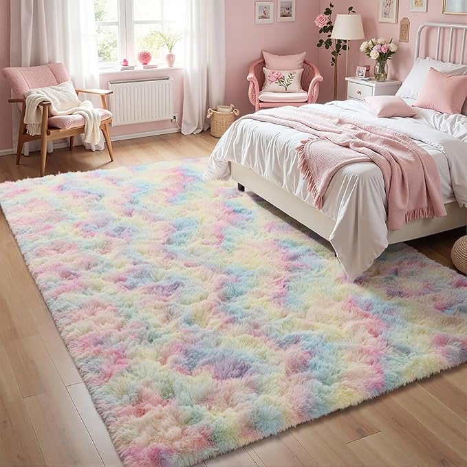 6x9 ft Fluffy Rainbow Area Rug for Bedroom Soft Fuzzy Living Room Rug Non-Slip Shag Rugs Carpet for Nursery Kids Play Room Dorm Office Indoor Modern Plush Carpets