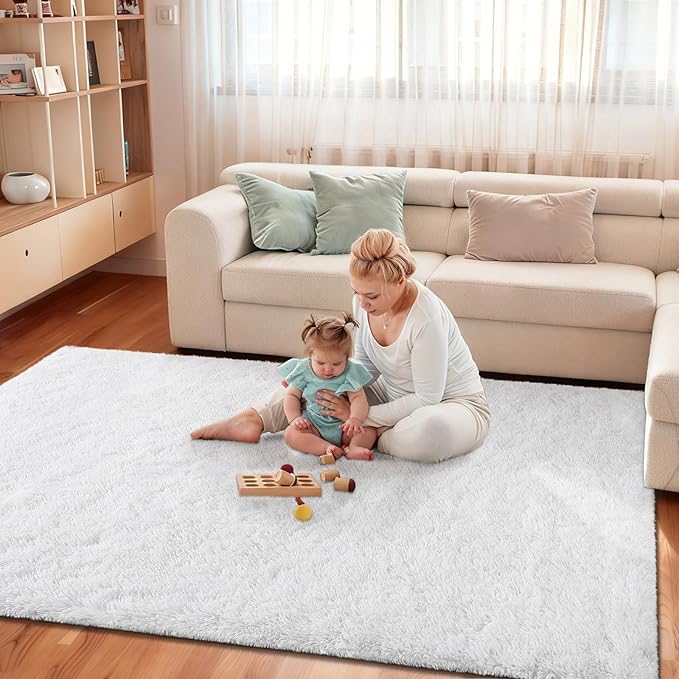 Soft Area Rugs for Bedroom Living Room Plush Fluffy Rug 7x10 Feet, Shag Furry Area Rug Carpet Non Shedding for Nursery Children Kids Girls Room Home Decorative, Ivory
