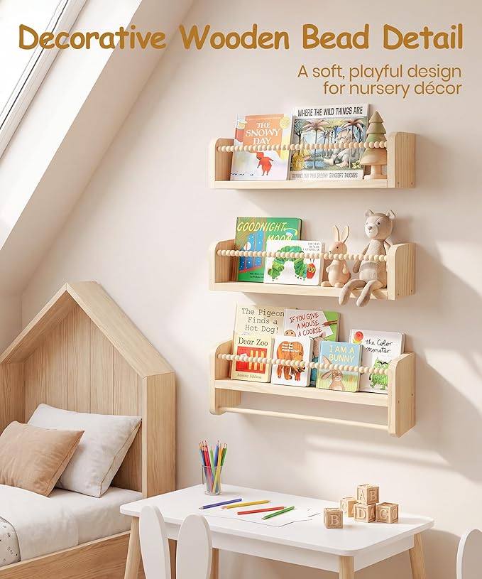 Nursery Book Shelves for Wall Set of 3, Natural Wood Bookshelves Wall Decor, Small Floating Shelf Organizer for Kids Room, Bedroom, Kitchen Spice Rack