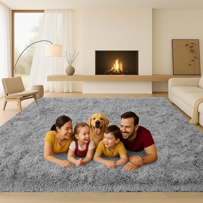 Large 9x12 Area Rug for Living Room, Soft Shag Rugs for Bedroom, Non-Slip Ultra Fluffy Rug,Modern Plush Carpet for Girls Boys Kids Room Dorm,Fuzzy Rug for Home Decor Aesthetic,Gray