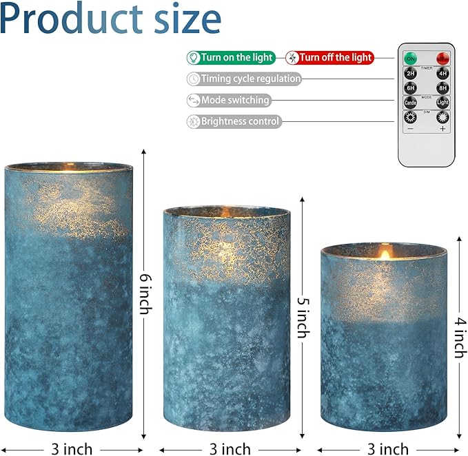 ANGELLOONG Blue Flameless Candles with Remote, Flickering Led Candles with Timer, Electric Pillar Candles for Bathroom Kitchen Room Home Decor, Sandblast Blue