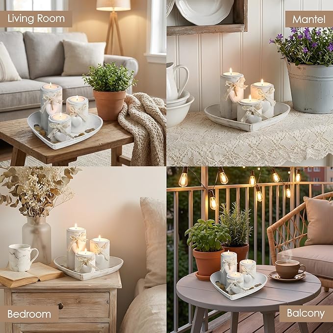 Farmhouse Candle Holders 3 Pack Rustic Wooden Pillar Candle Holder with Heart Tray and Stones Tealight Candles Holders Centerpiece for Wedding Coffee Table Mothers Day Valentines Home Decor