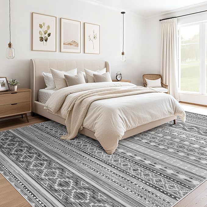 cotiled 7x9 Area Rug Living Room: Washable Boho Rugs with Non Slip Backing Large Soft Indoor Stain Resistant Carpet for Bedroom Farmhouse Dining Room Lightweight Home Decor Beige Grey