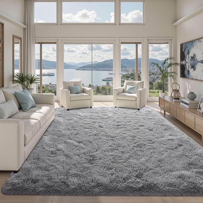 8x10 ft Light Grey Rug for Living Room Fluffy Bedroom Rug Non-Slip Area Rugs Shag Carpet for Nursery Kids Play Room Dorm Office Indoor Modern Plush Carpets Boys