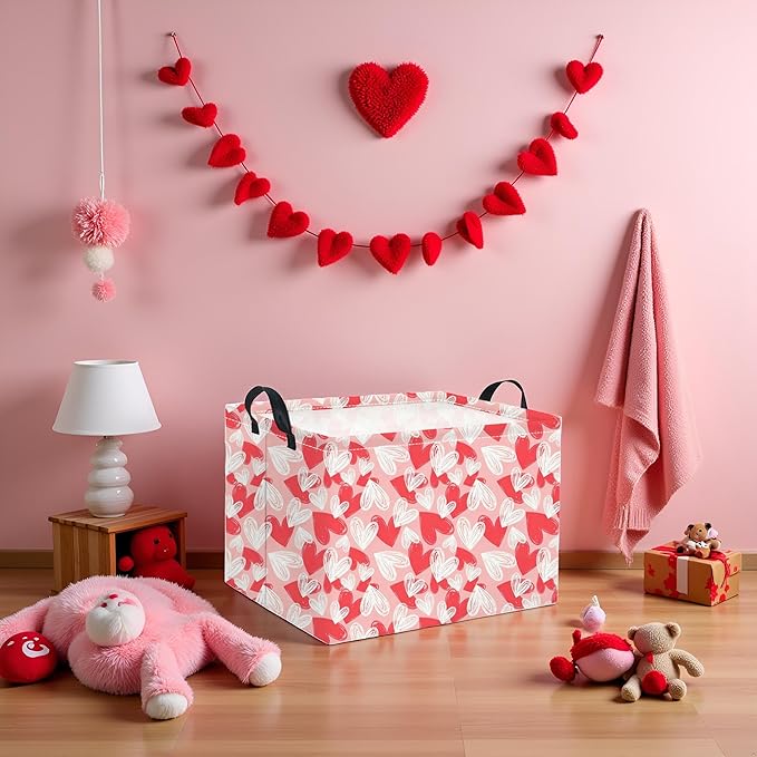 HIYAGON Rectangular Valentines Basket Fabric Storage Bin Storage Boxes Collapsible Storage Basket for Clothes Books Shelves Basket(Pink White Heart)