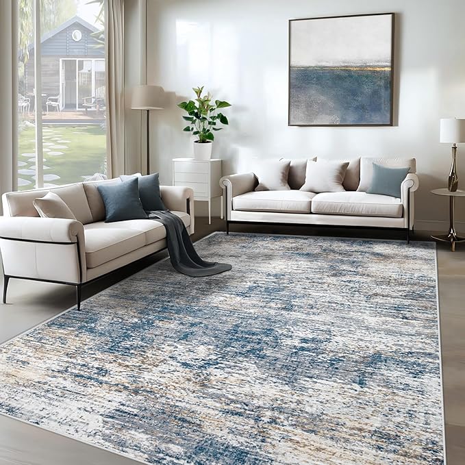 XLUEZ 6x9 Area Rugs for Living Room, Washable Modern Abstract Large Area Rug Neutral Soft Non Slip Kids Rug Stain Resistant Indoor Carpet for Bedroom Nursery Dining Room Playroom(BlueWhite, 6'x9')