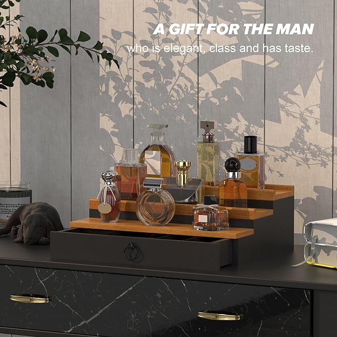 upcessory Cologne Organizer for Men, 3 Tier Wood Perfume Organizer with Felt Lining Drawer and Hidden Compartment Perfume Display Holder, A gift for men