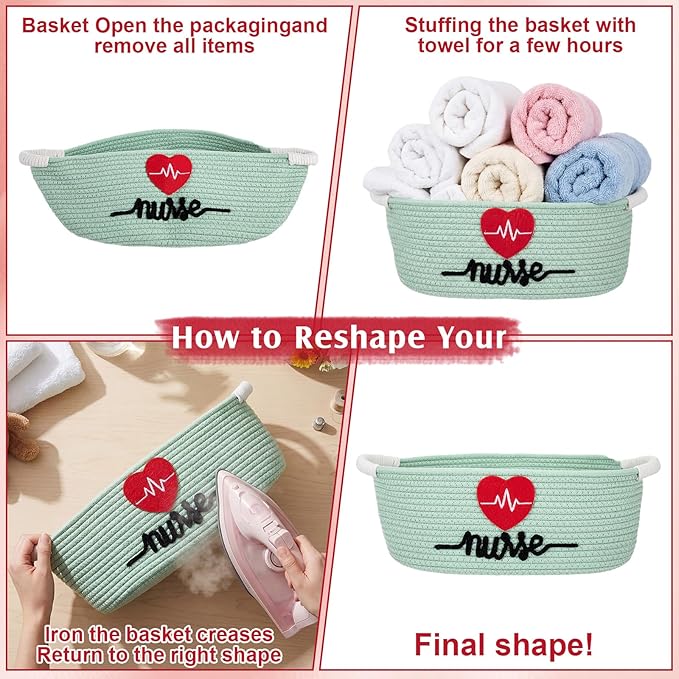 Colingmill 2026 Graduations & Nurses Week Gift Basket Empty to Fill, Woven Rope Basket 15" x 11" x 6" Decorative Storage Baskets with Gift Bag, Bow, Tissue Paper & Year Charm(Mint Green)