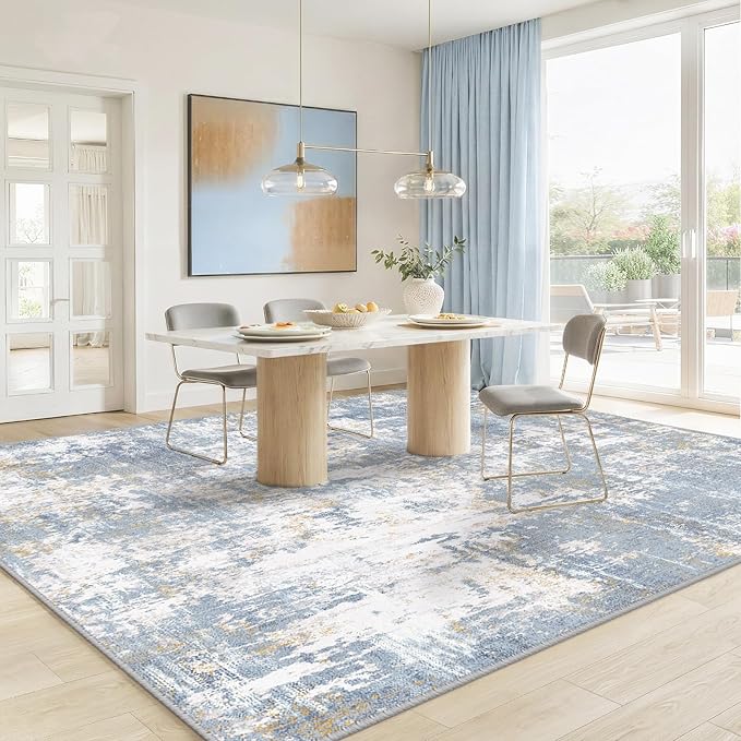 RELEANY Washable Area Rugs 9'x12' Non-Slip Modern Abstract Soft for Living Room Entryway Bedroom Nursery, Print Pattern, Light Blue