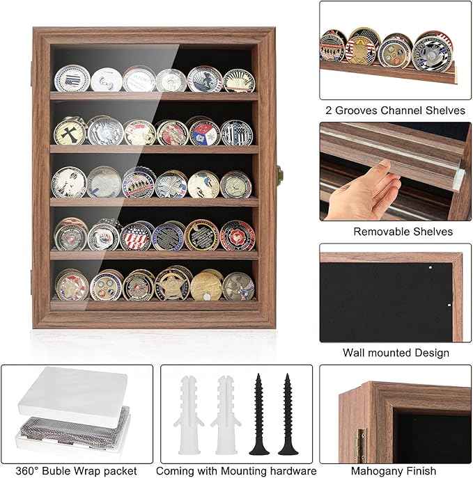 Military Challenge Coin Display Case Holder with HD Toughened Glass and Wall Mount, Wooden Coin Stand Rack with Removable 2 Grooves Shelves, Rustic Brown…