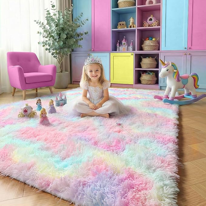 Rainbow Fluffy Kids Rugs for Girls Bedroom, Unicorn Room Decor Aesthetic, 6x9 Colorful Pastel Shag Area Rugs for Playroom Nursery Classroom, Cute Fuzzy Kawaii Princess Carpet for Baby Toddler Teen