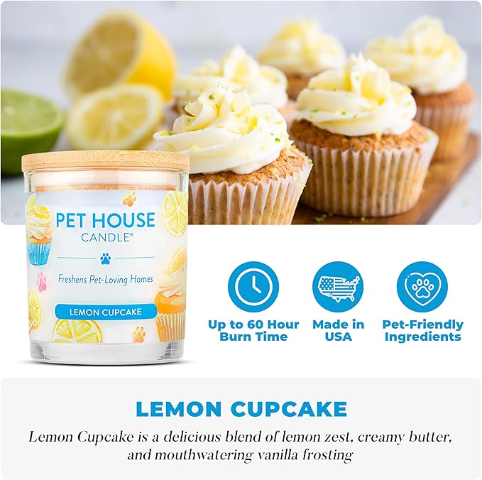 Pet House Candles, Clean Long-Lasting Pet Odor Candles for Home, Plant-Based, 60 Hour Burn Time - Lemon Cupcake, 9 oz