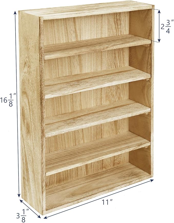 Ikee Design Wooden Wall-Mounted Display Shelves Rack for Collectibles-Figures,Shot Glasses, Spice Can,Cosmetics or Perfume-5 Adjustable Height Shelves,Space-Saving,Oak Color