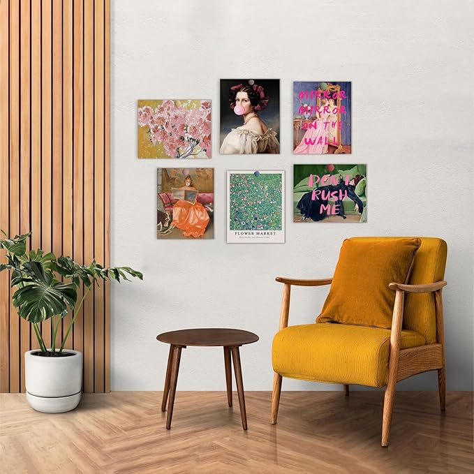 Eclectic Wall Decor Set Of 6, Vintage Eclectic Wall Art Prints, Trendy Colorful Wall Art, Retro Maximalist Decor Aesthetic, Wall Collage Kit Pictures for Living Room, Colorful Dorm Gallery Home Decor