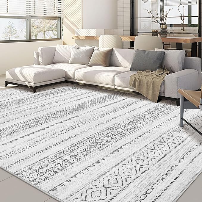 Nakagishi 7x10 Area Rug Living Room: Washable Boho Large Neutral Modern Soft Farmhouse Rugs Stain Resistant Indoor Floor Non-Slip Carpet for Bedroom Nursery Kids Playroom Office Dining Room- Grey