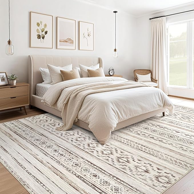 cotiled 10x12 Area Rug Living Room: Washable Boho Rugs with Non Slip Backing Large Soft Indoor Stain Resistant Carpet for Bedroom Farmhouse Dining Room Lightweight Home Decor Cream Brown