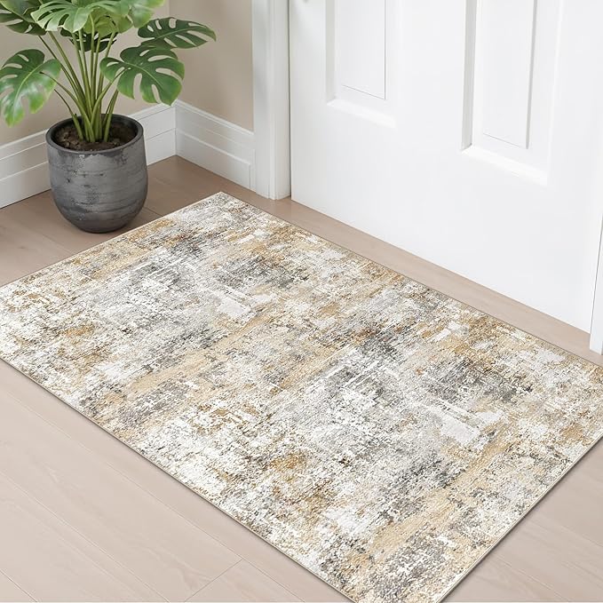 2x4 Modern Entryway Area Rug - Machine Washable Non-Skid Low Pile Indoor Mat for Bathroom,Living Room, Bedroom - Abstract Neutral Small Throw Soft Carpet with Rubber Backing (Gold Grey)