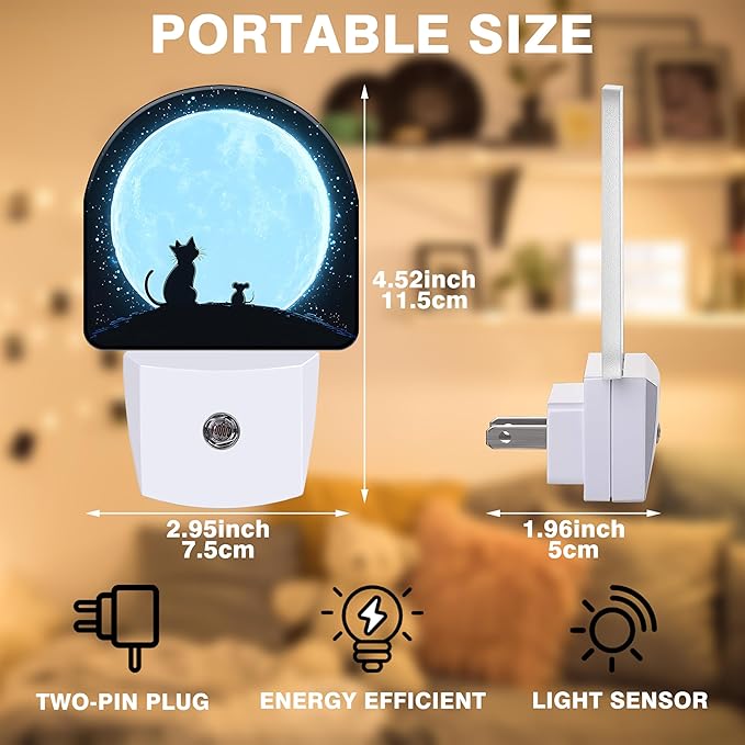 Night Light, Cat and Mouse Sit on Moon Night Lights Plug into Wall Dusk to Dawn Sensor Round Nightlight for Women Men Energy Efficient Led Lamp 0.5W for Stairway Hallway Bedroom