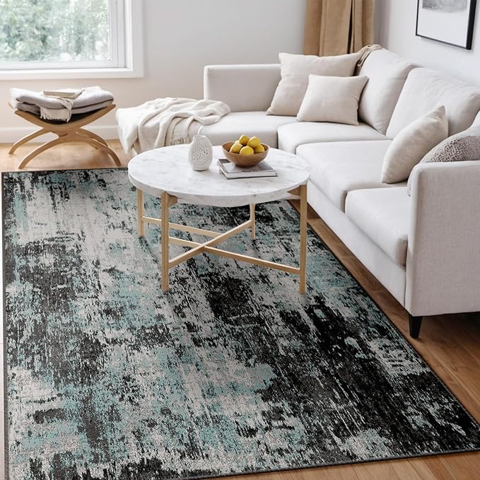 RELEANY Washable Area Rugs 4'x6' Non-Slip Modern Abstract Soft for Living Room Entryway Bedroom Nursery, Print Pattern, Blue Black Teal