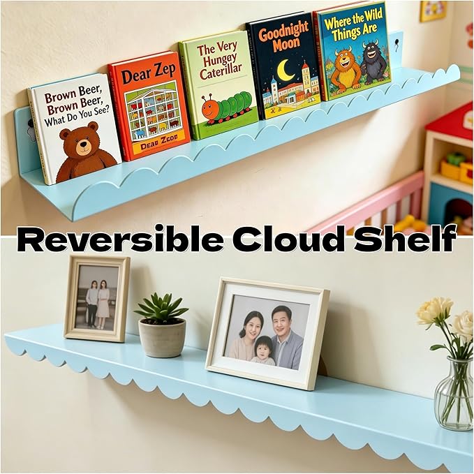 24 Inch Nursery Book Shelves Set of 4, Blue Metal Floating Shelves for Wall, Scalloped Cloud Book Shelf for Kids Room, Bathroom, Bedroom, Playroom Wall Decor & Storage