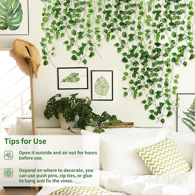 CEWOR 10 Pack Artificial Vines for Room Decor, Artificial Ivy Greenery Garland Fake Vines Hanging Plants Backdrop, Faux Green Leaves for Home Bedroom Wall Decoration