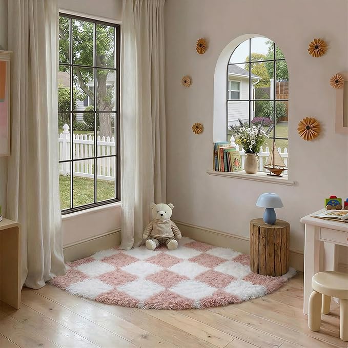 PureCozy Checkered Rug 6ft Radius Corner for Playroom, Pink and White Modern Shag Super Soft Washable Fluffy Rugs Indoor Fuzzy Carpet for Bedroom Home Dorm Aesthetic Decor